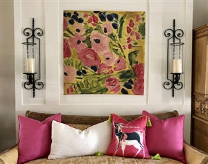 yellow punk poppy flowers wall canvas art in room setting with pink pillows