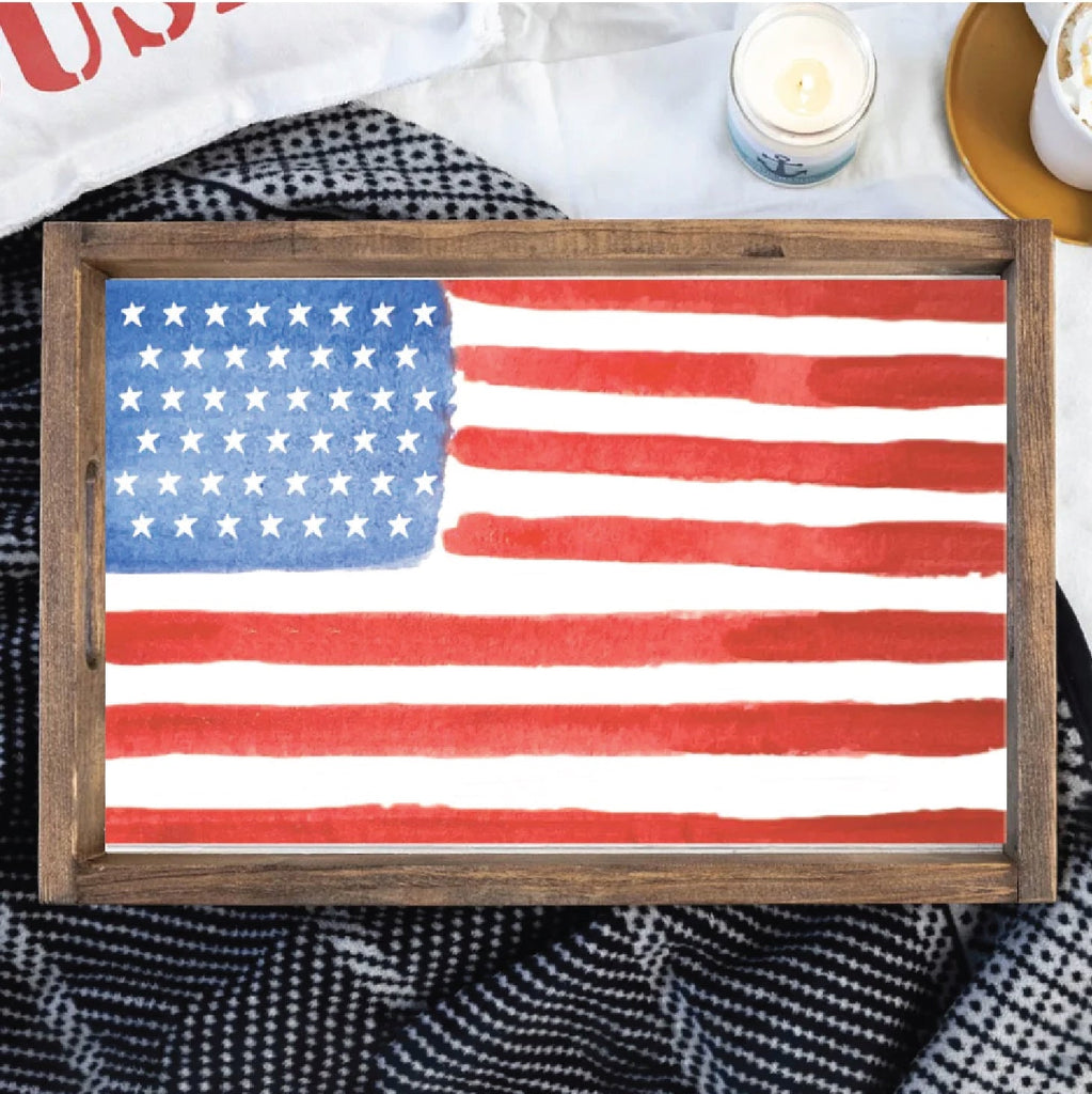 watercolor style American flag wood tray