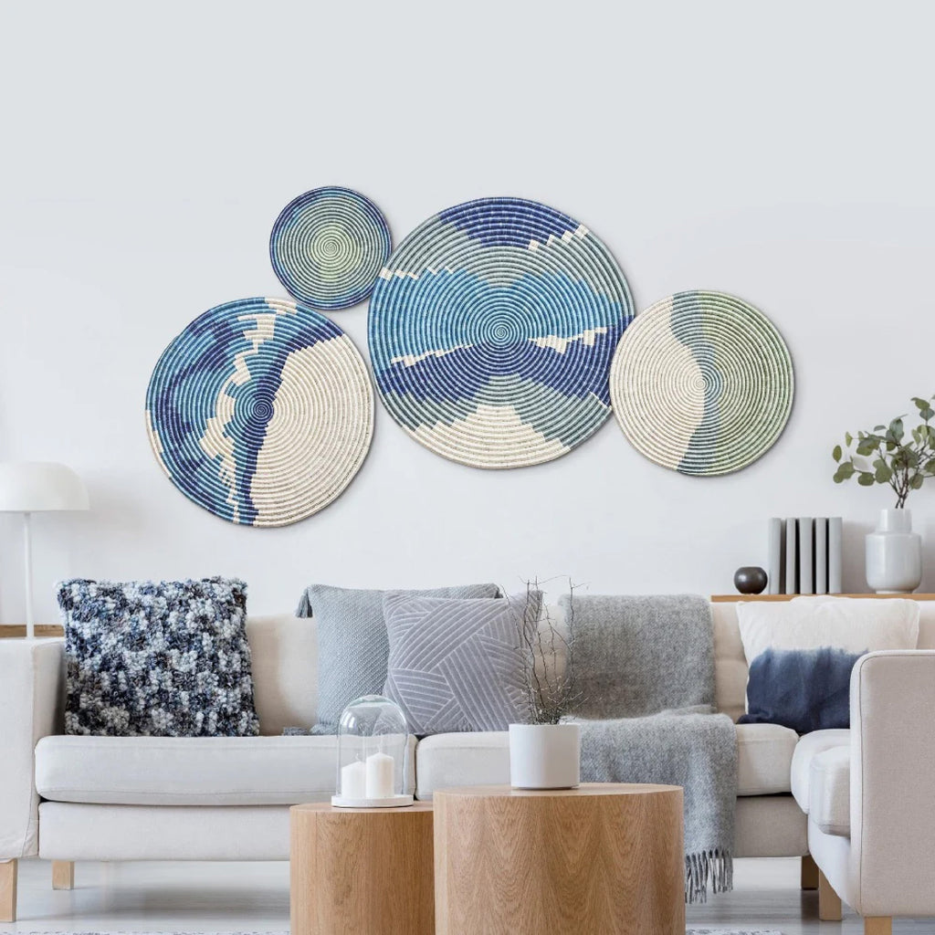 Large round braided wall mats art in blues