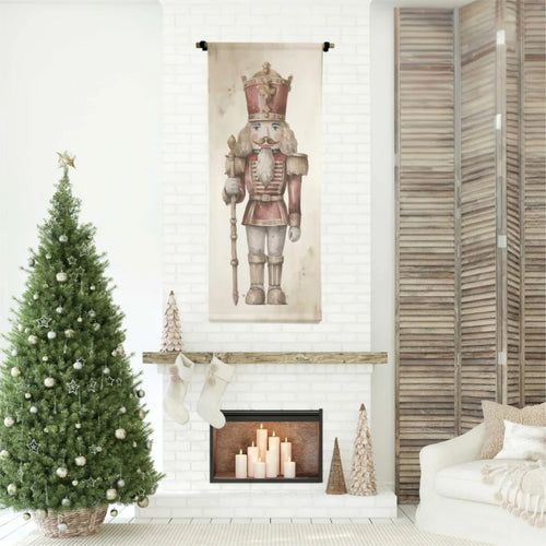 Canvas scroll nutcraker over a neutral fireplace with christmas tree