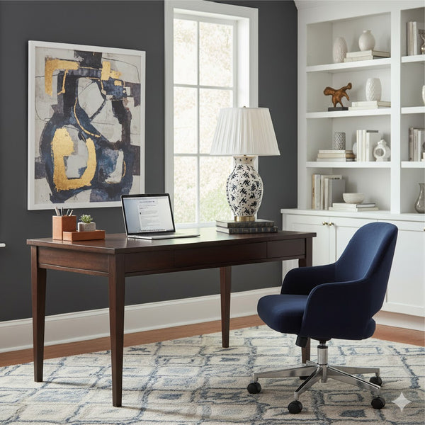 Modern home office with dark wooden desk, blue swivel chair, and The Natural Light's Forest Green Canopy Table Lamp.