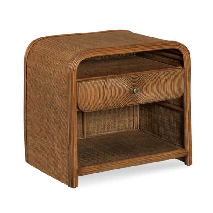 bedside table wood brown rattan brass knob