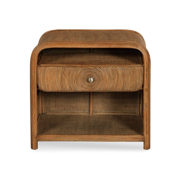 bedside table wood brown rattan brass knob