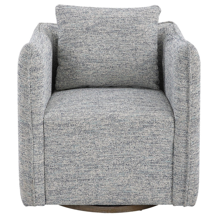 framed chair swivel blue white tweed upholstered trim edge birch base