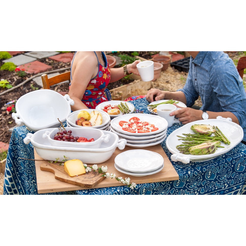 white casserole dish rectangular small scroll handles glazed
