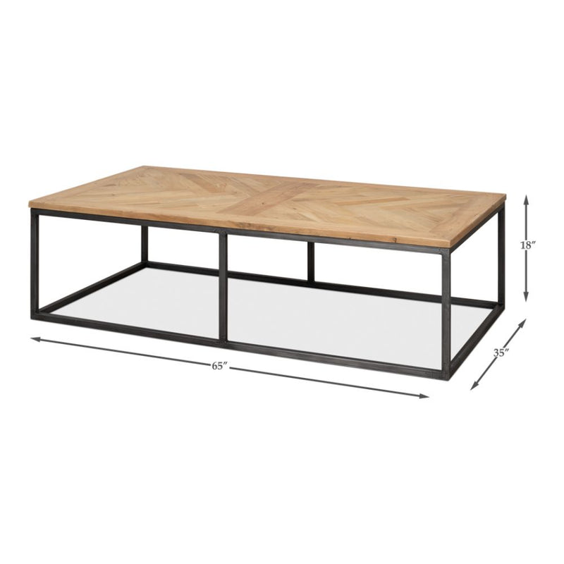 cocktail coffee rectangle table iron frame parquet wood natural