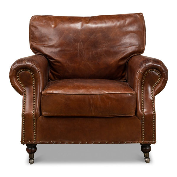 overstuffed brown leather chair