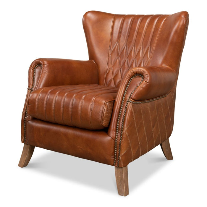 brown cognac tufted leather diamond stitching wing chair