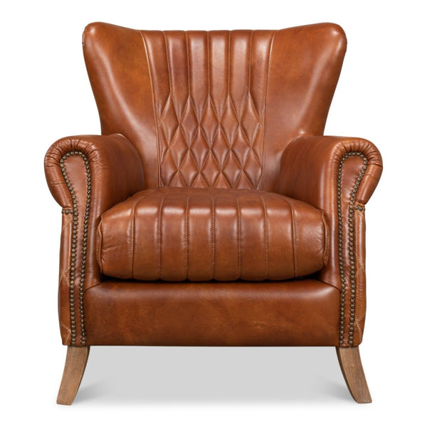 brown cognac tufted leather diamond stitching wing chair