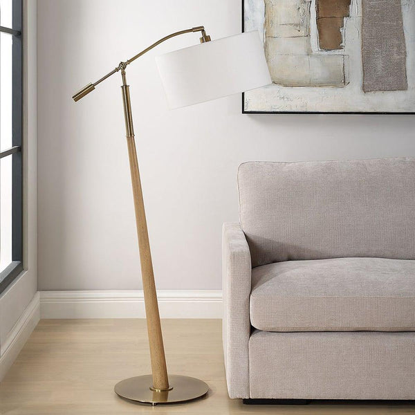 slanted wood tapered base floor lamp white shade