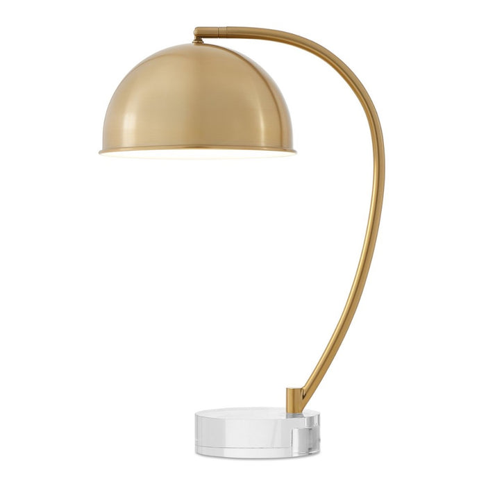 The Uttermost Romani Desk Lamp features a gold dome shade and crystal base, displayed against a white background.