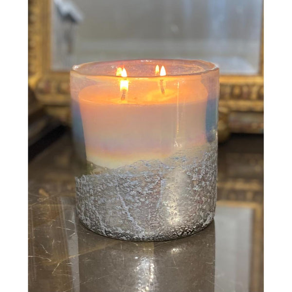 round candle 2 wick textured silver finish handblown glass