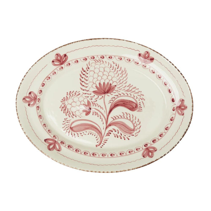 Casa Nuno Pink Serving Platter by Abigails—hand-painted Majolica with pink florals and gold trim on white ceramic.