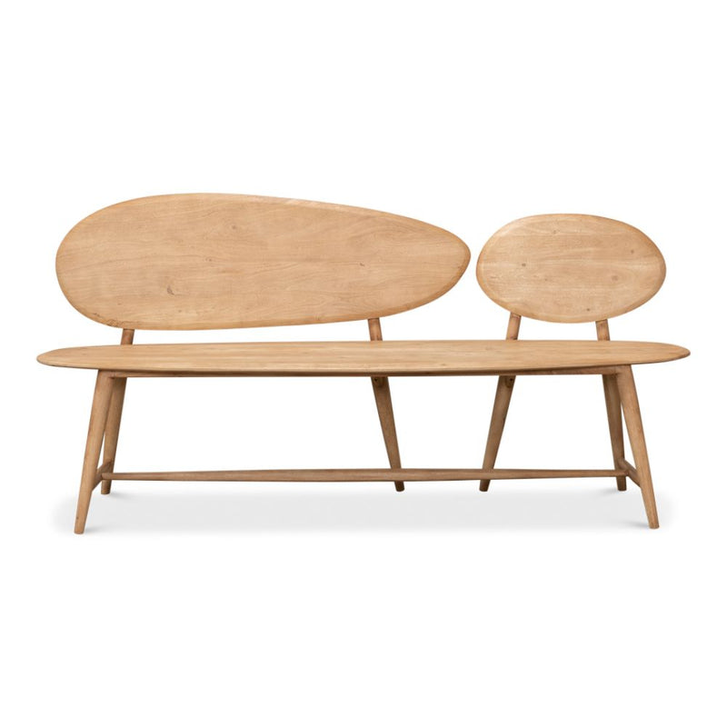 tan contemporary wood bench splayed legs two oval backs
