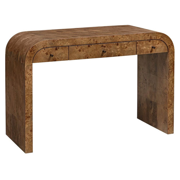 The Uttermost Rocco Desk features a brown modern design with rounded edges and three drawers for functional storage.