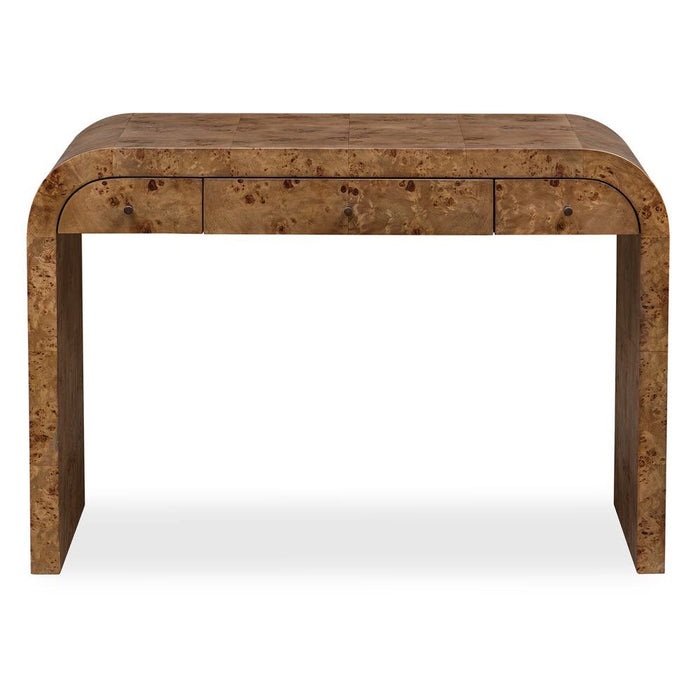 The Rocco Desk by Uttermost features a modern brown mappa burl finish, rounded corners, and three storage drawers.