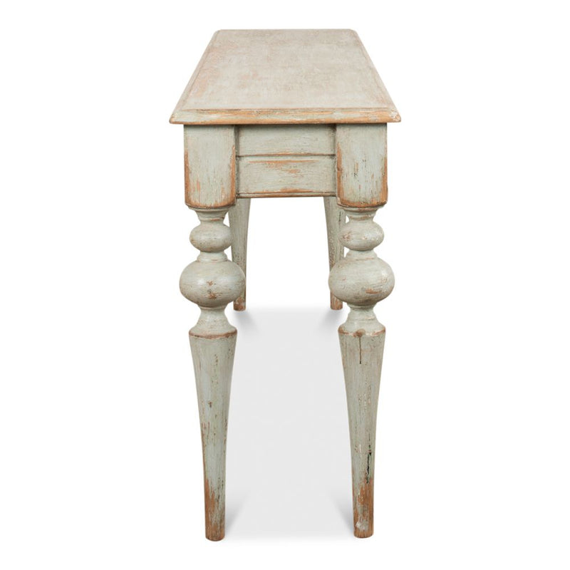 console table turned legs sage green distressed