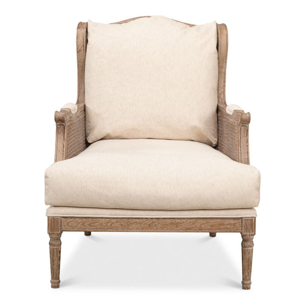 white wash oak frame caning natural linen cushions armchair