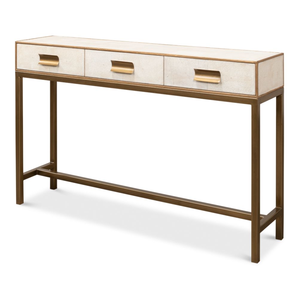 Designer Console Table White Shagreen Leather and Brass Drawers