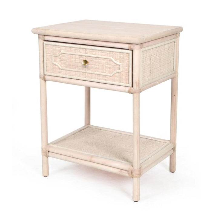 white rattan wood night stand drawer shelf