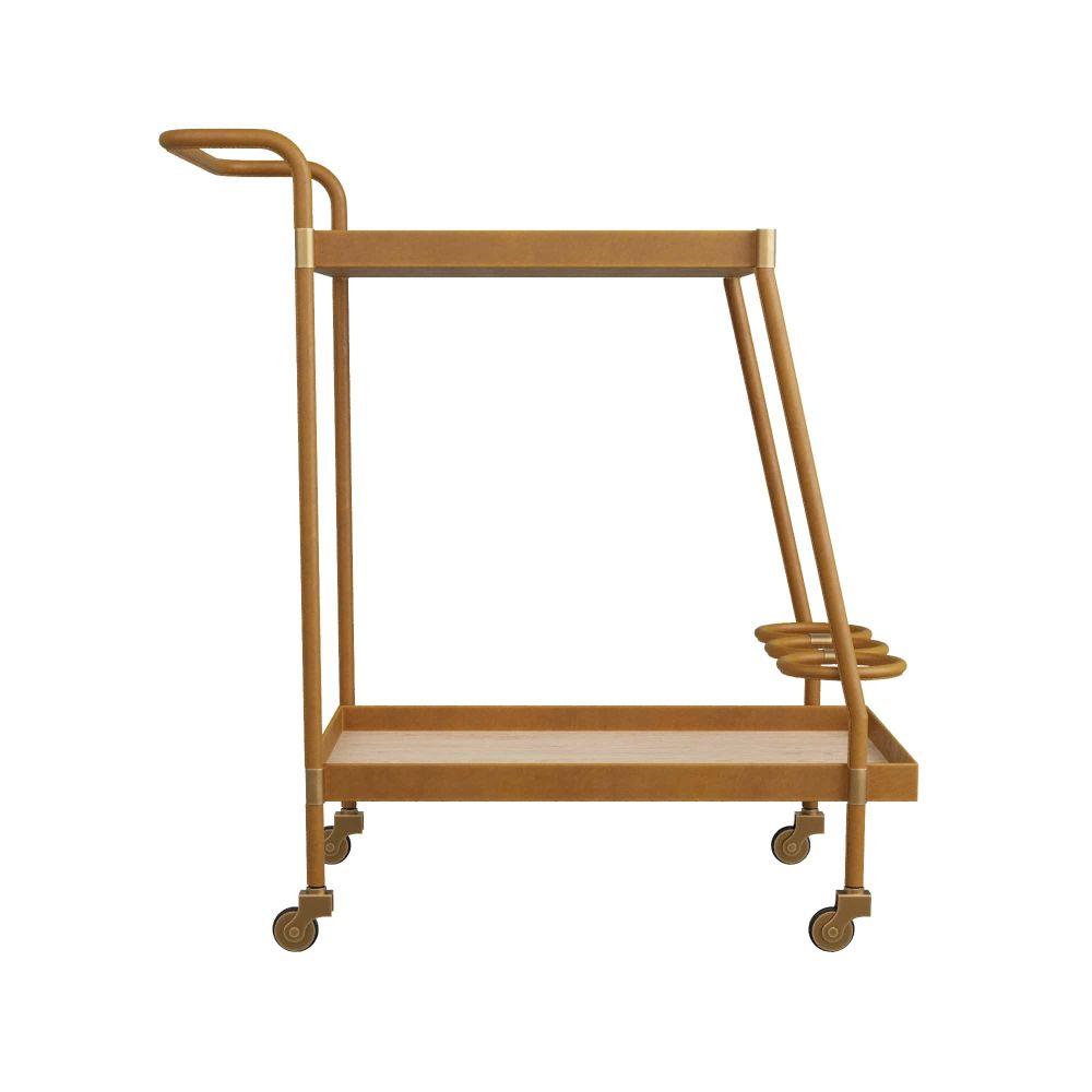 bar cart casters blonde oak serving trays leather wrapped details