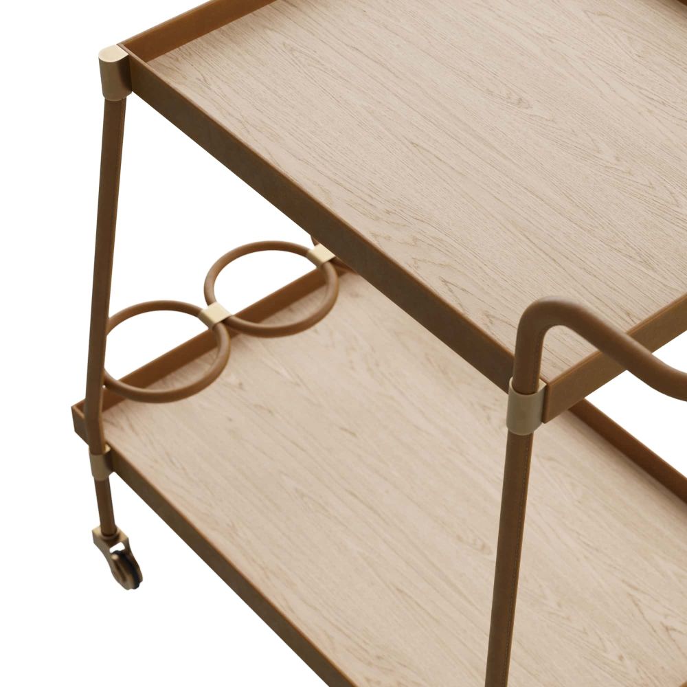 bar cart casters blonde oak serving trays leather wrapped details