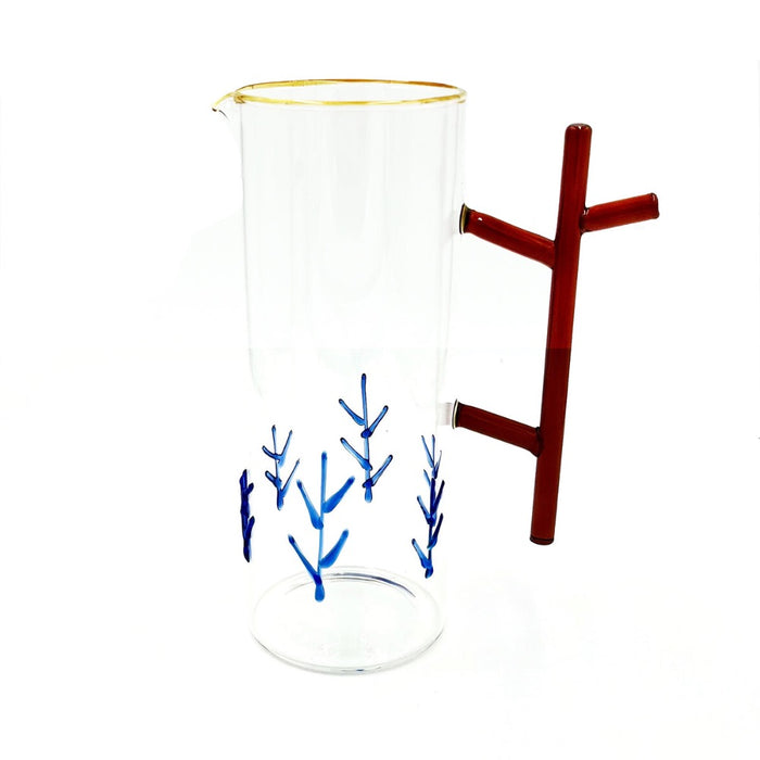 glass pitcher clear blue brown twig handle