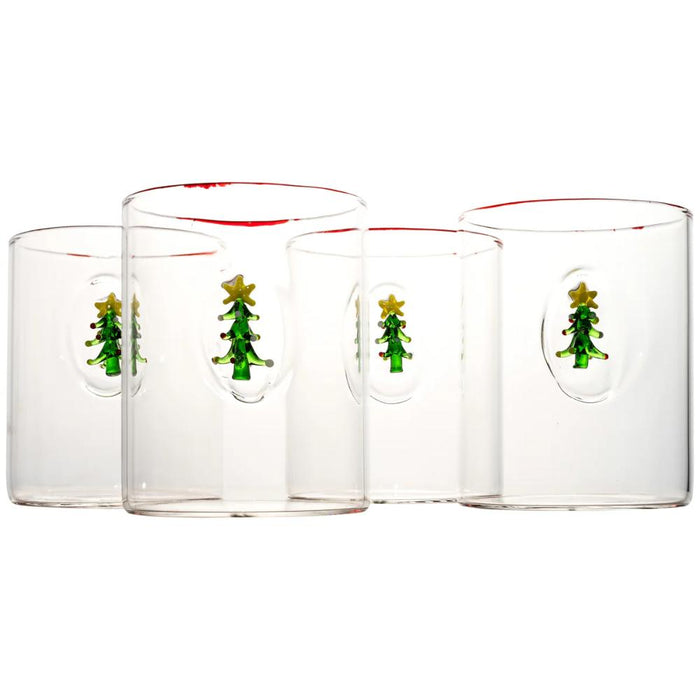 Four clear glass tumblers with green Christmas tree designs on a white background