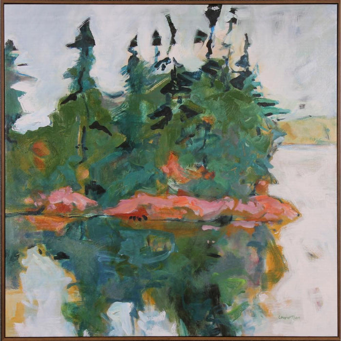 art print lake setting coral and green colors