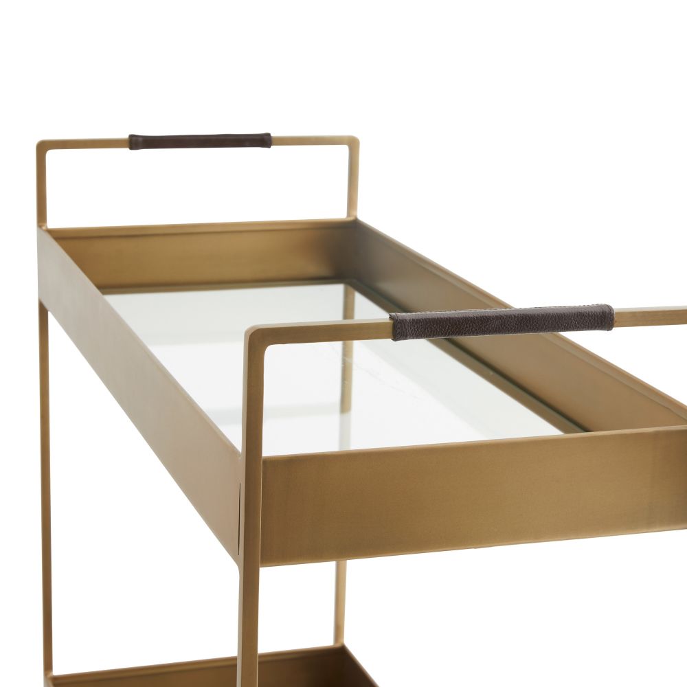 bar cart leather mirror glass iron antique brass finish two tier casters