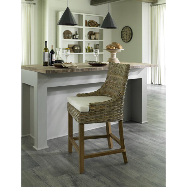 natural grey Kubu woven wicker counter stool  curved back white seat cushion wood legs Padma's Plantation