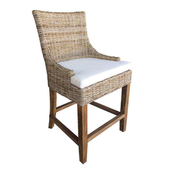 natural grey Kubu woven wicker counter stool  curved back white seat cushion wood legs Padma's Plantation