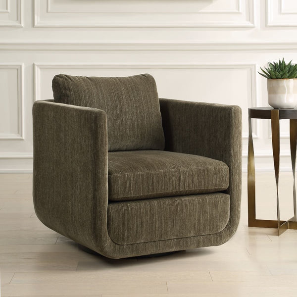 dark green chenille upholstered swivel chair