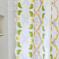 green patterned shower curtain scalloped edges