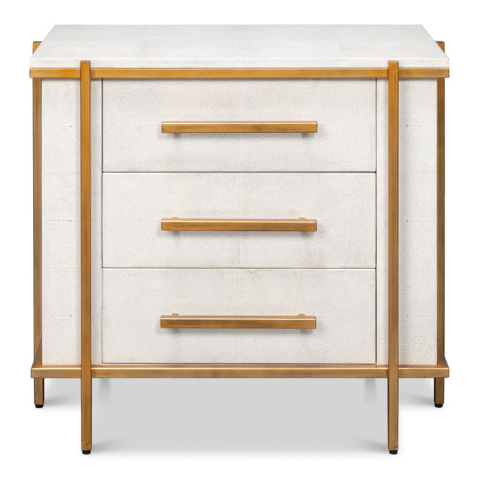 white shagreen leather drawer night stand gold frame handles
