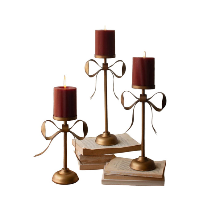 antique brass pillar candle holder bow set