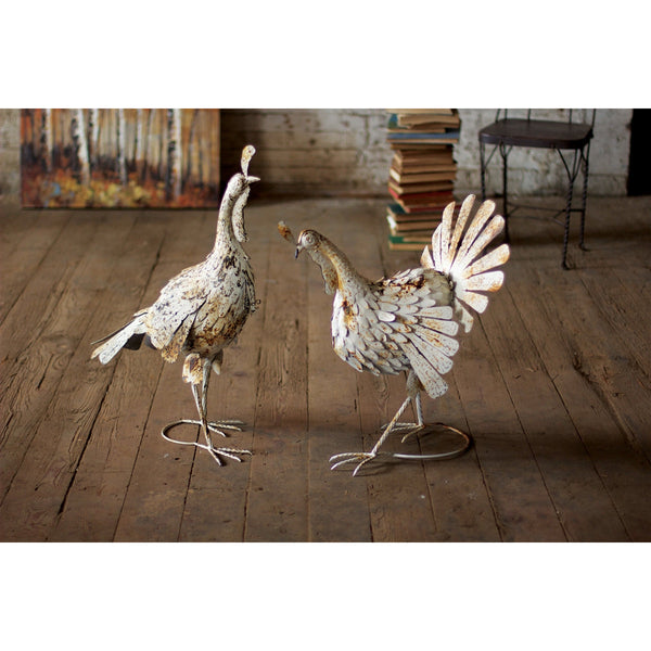 Luxury designer Set of 2 Antique Distressed White Metal Turkeys by Kalalou