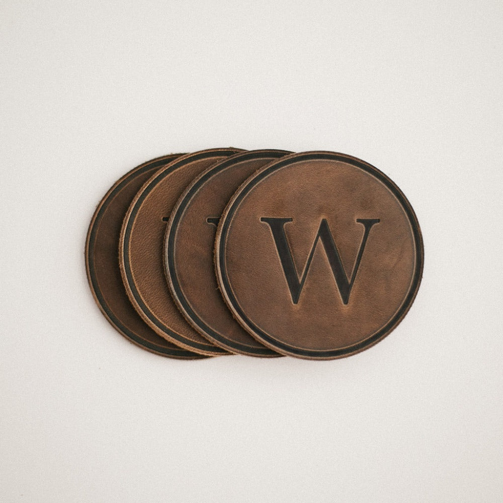 round coasters monogrammed leather personalized
