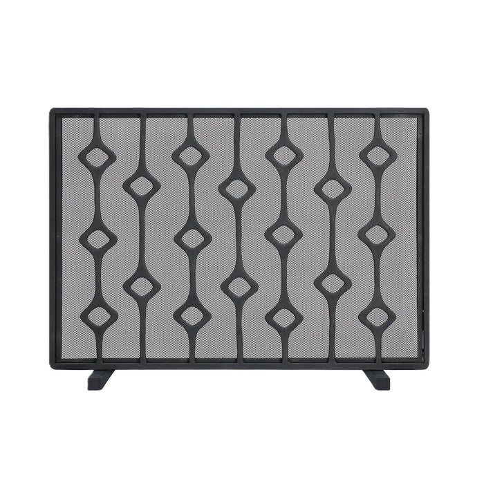 Decorative black metal fireplace screen with geometric pattern on a white background