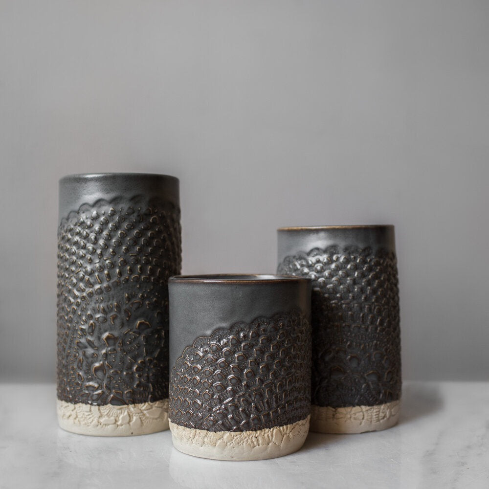 ceramic lace canister gray handmade round