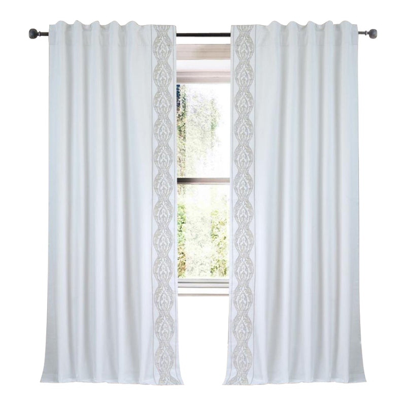White Drapery Curtain Panel Linen Cotton Rod Pocket Tan Embroidery Trim