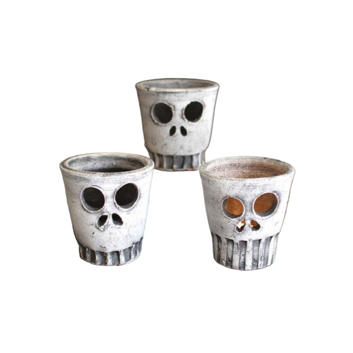 clay set of 3 halloween skull votive holders white