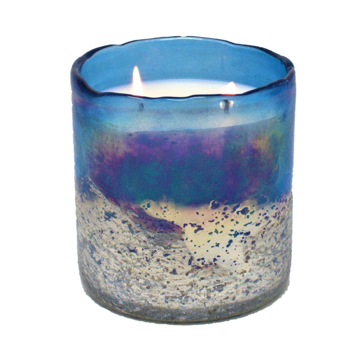 round candle 2 wick textured blue finish handblown glass