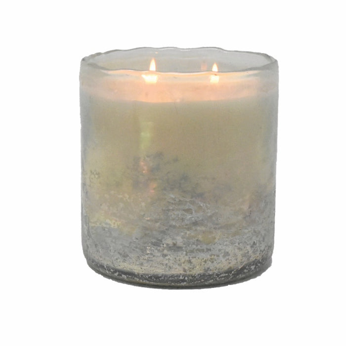 round candle 2 wick textured silver finish handblown glass