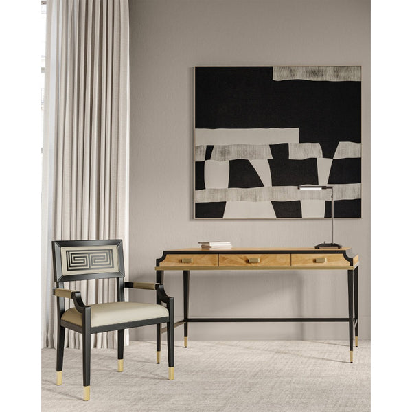 desk tan veneer pieced brass handles black trim