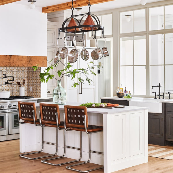 counter stool metal leather woven straps oak solids