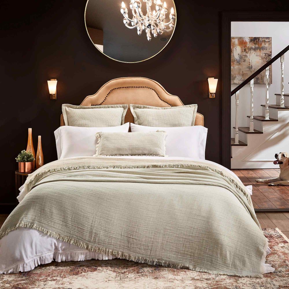 mint green coverlet throw stripe fringe Euro sham pillow