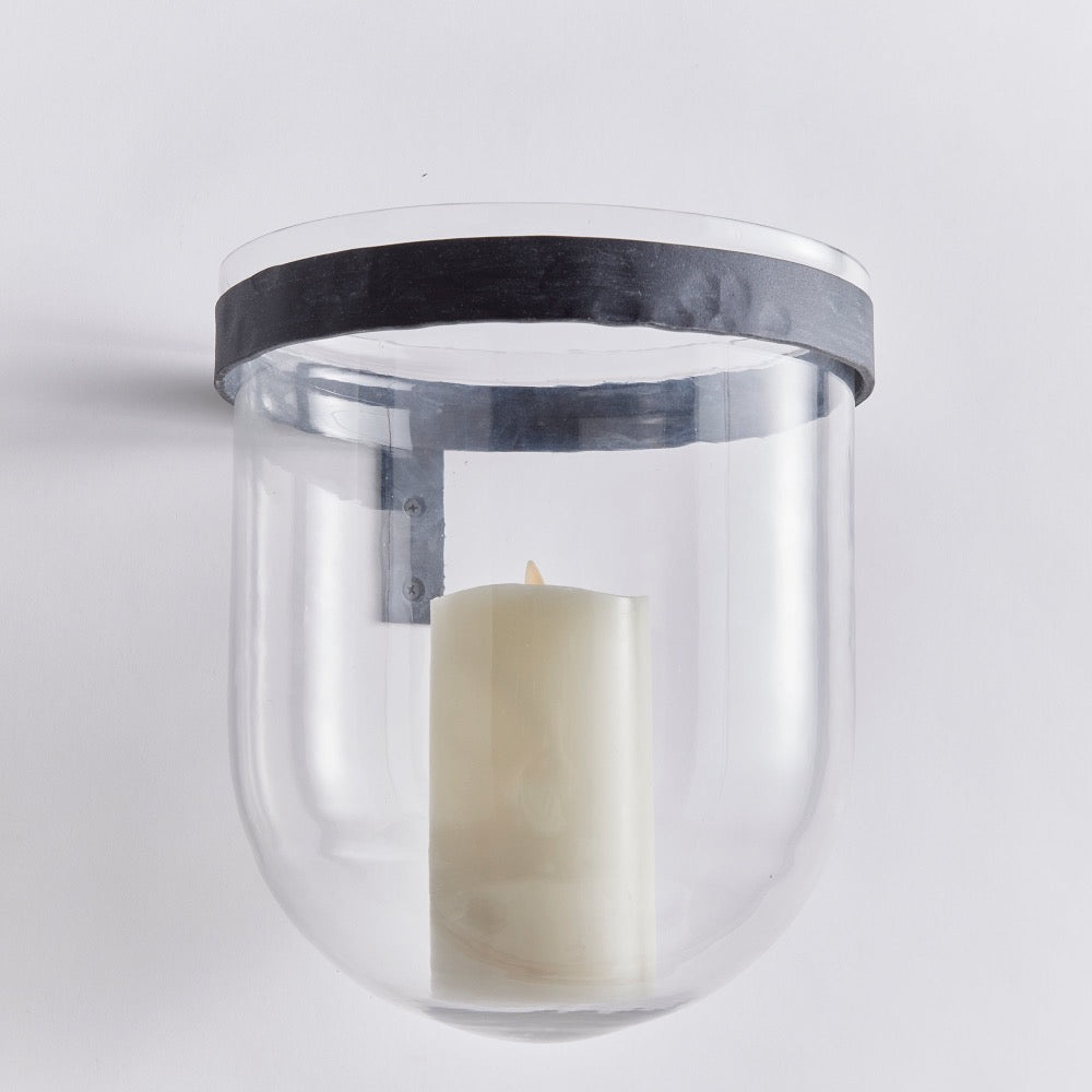 outdoor wall vessel aged zinc clear blown glass