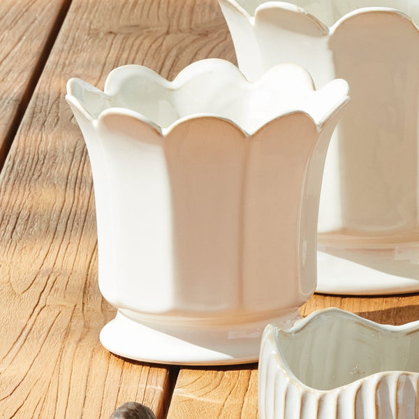 footed pot soft white fluted glazed round large