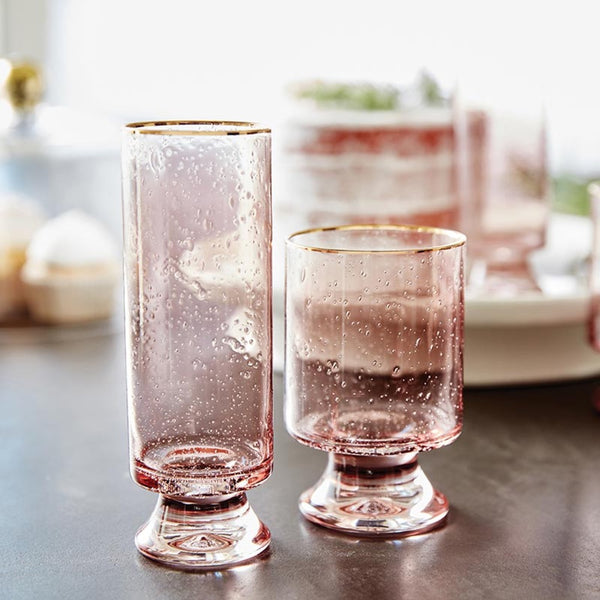 seeded glass blush old fashioned glass gold rimmed set